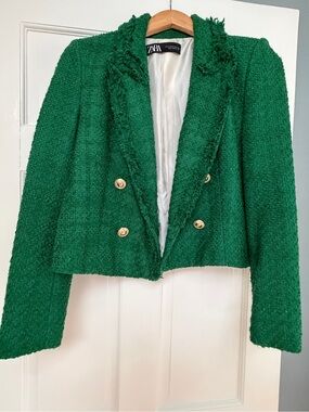 Zara Emerald Green Cropped Tweed Double-Breasted Blazer